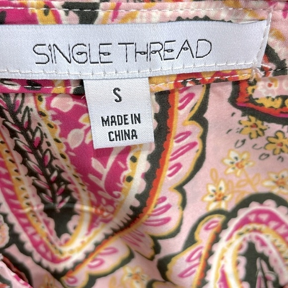 Single Thread Pink Paisley Satin Like Top with Collar, Paisley Print Blouse S - Picture 10 of 14